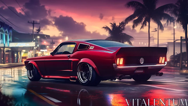 Widebody classic muscle car at neon city coastal sunset