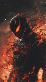 Molten shadow entity emerging through roaring lava flames.