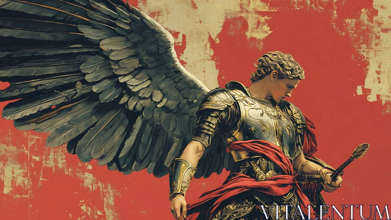 Winged armored figure with crimson drapery on scarlet ground.