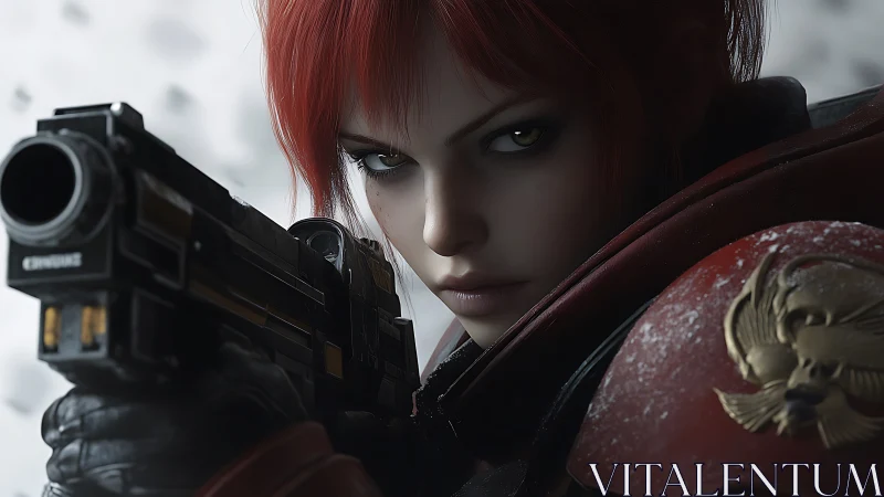 Fierce red haired warrior aiming forward with quiet resolve.