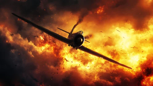 Supermarine Spitfire Silhouette Amidst Explosive Firestorm. Digital.