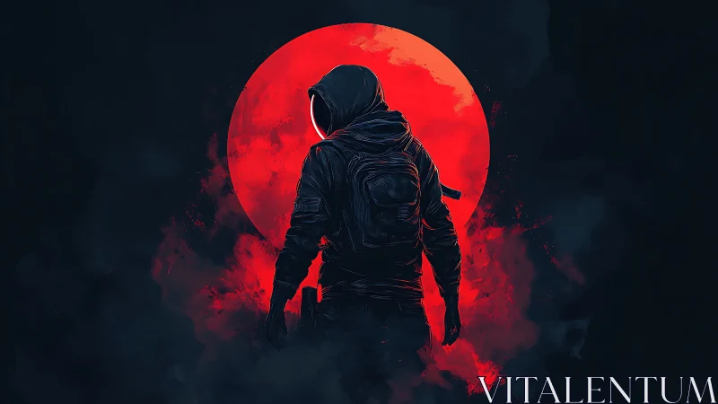 Hooded figure silhouette against red lunar disk in high contrast art