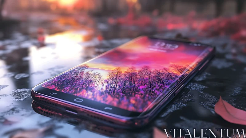 Curved smartphone reflects vivid sunset forest scene.