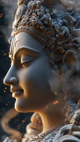 Serene deity profile in glowing embers and ornate reliefs.