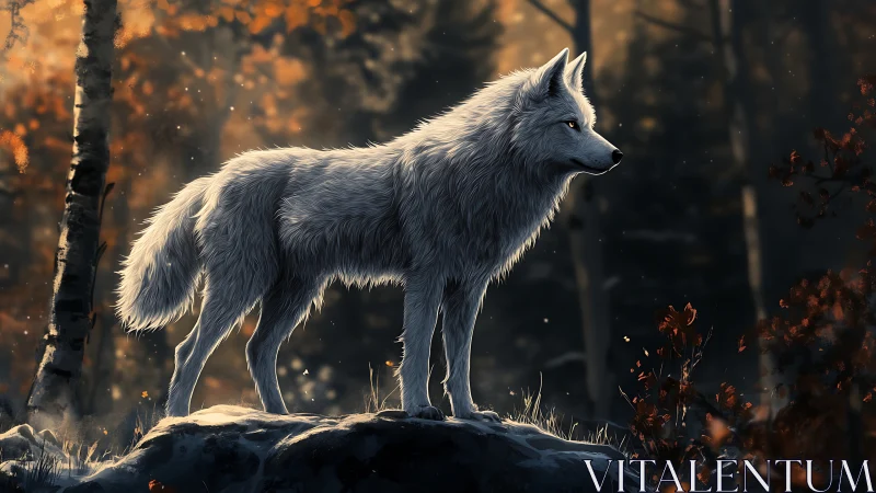 Lone white wolf stands alert on rock ledge in autumn forest
