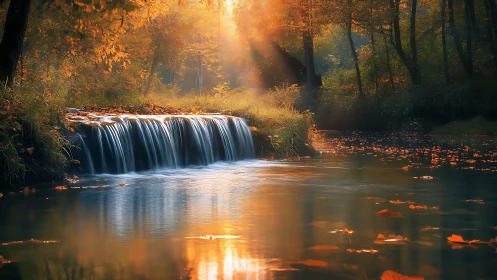 Tranquil Autumn Forest Stream with Soft Waterfall at Sunset.