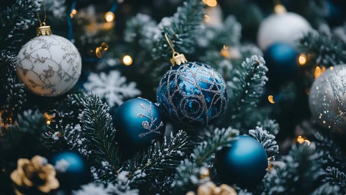Blue and silver ornaments glow softly on a snowy tree