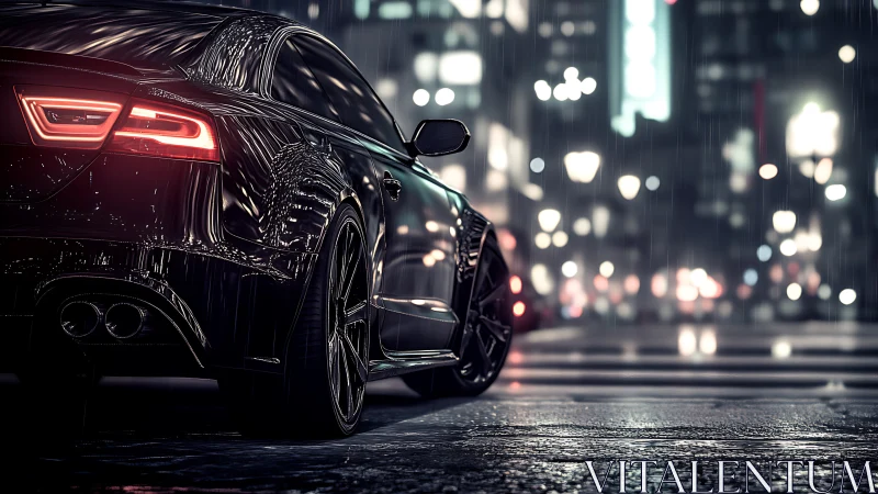 Midnight sports coupe in cinematic rainy city streets.