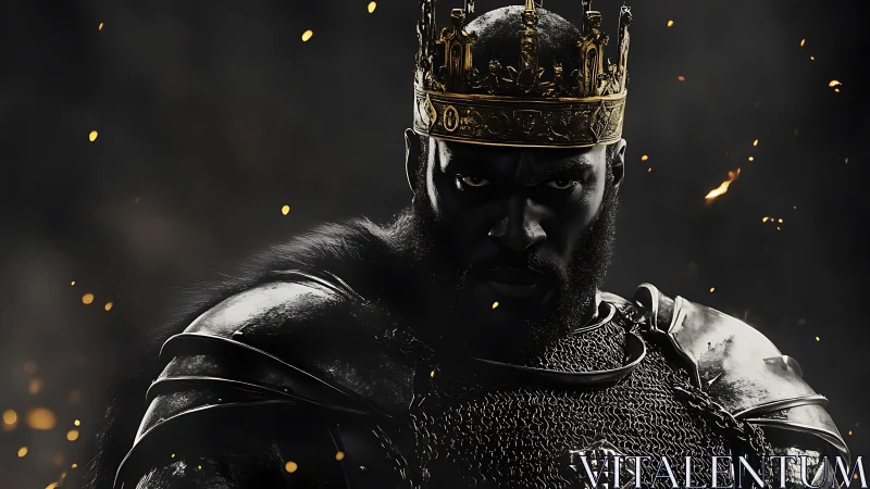 Regal warrior king standing strong in glowing embers of night.