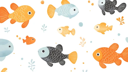 Stylized cartoon fish pattern on white aquatic background.