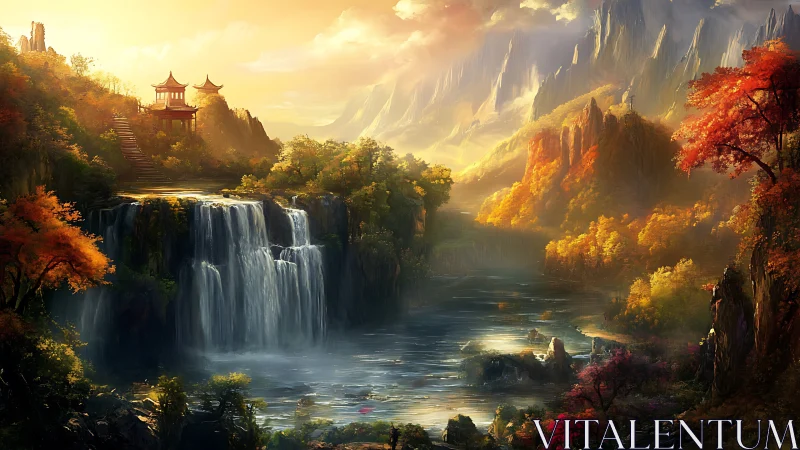 Golden mountain waterfall valley frames serene hilltop temples