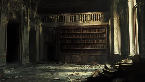 Abandoned library hall glows with dusty, fading daylight