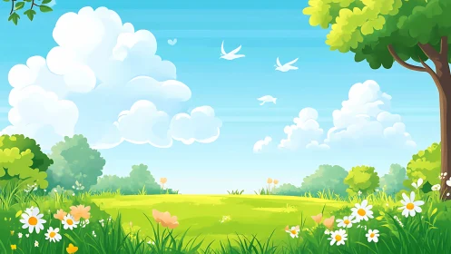 Sunny cartoon meadow with flowers, trees, and white birds.