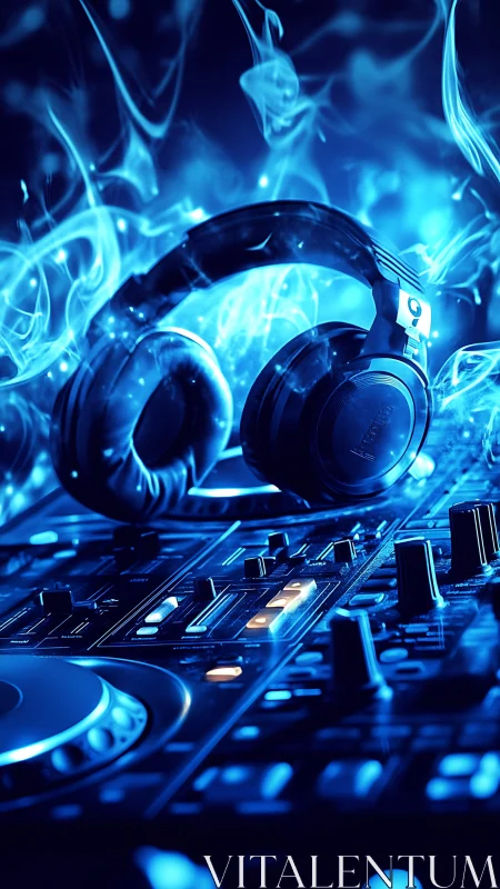 Neon DJ soundscape with luminous blue headset and mixer board.