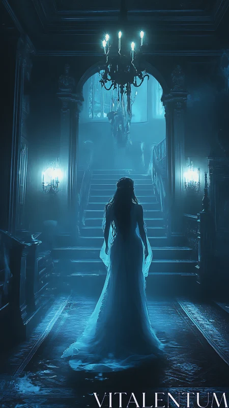 Ghostly bride ascending a misty blue Victorian staircase.