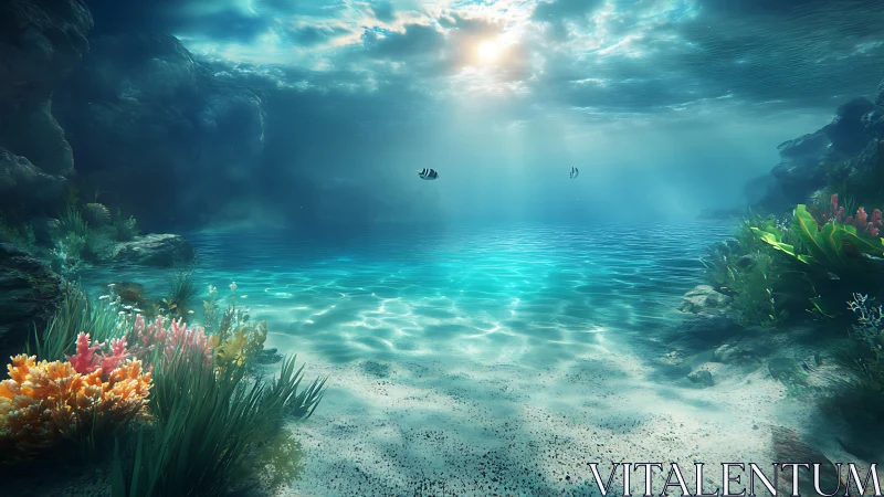 Sunlit coral valley hums softly beneath a glassy ocean