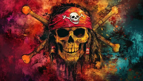 Vivid pirate skull with crossed bones on grunge background.