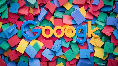 Playful 3D logotype on layered multicolor geometric paper field