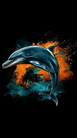 Dynamic dolphin leaps through bold teal and orange splashes