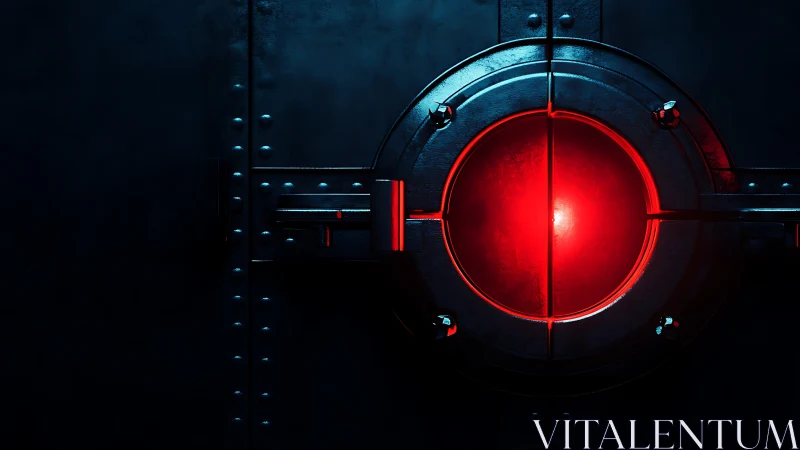 Scarlet security eye hums at the heart of a steel vault door