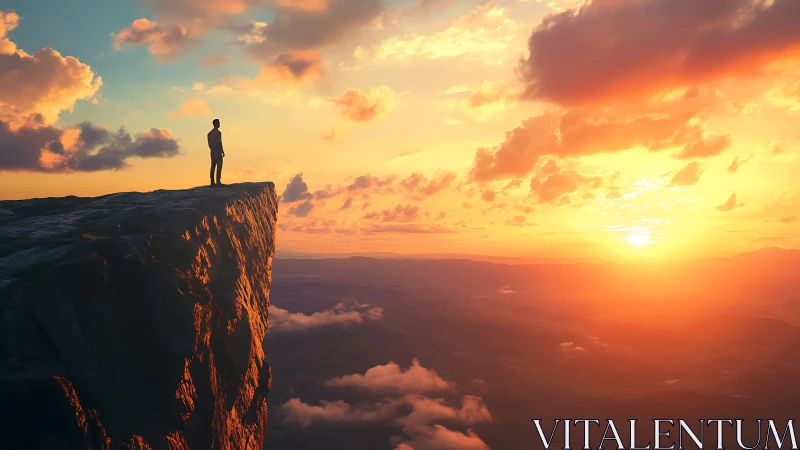 Solitary figure on sunlit cliff edge above luminous valley