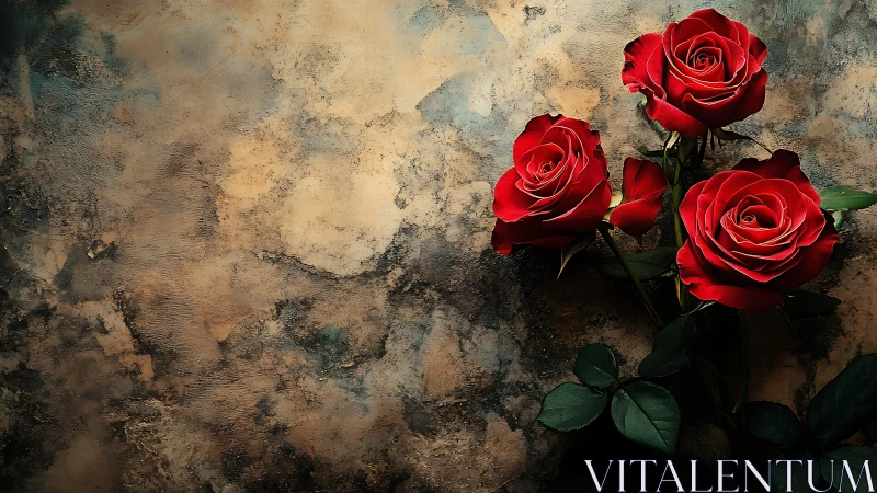 Red roses against weathered textured backdrop.