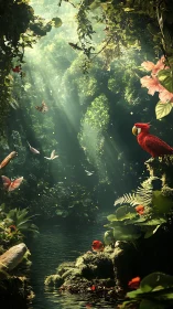 Sunlit tropical birds gather beside a tranquil jungle stream