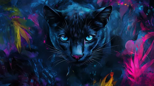 Cyan-eyed feline portrait with chromatic expressionistic brushwork.