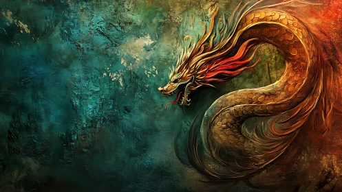 Firelit dragon coil over textured teal and amber abyss.