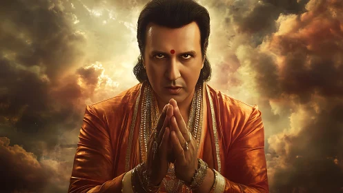 Devotional portrait with dramatic cloud backlight and warm tonality