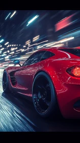 Red sports car moves through urban street at night