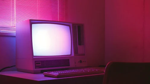 Retro CRT workstation under magenta cyan neon illumination.