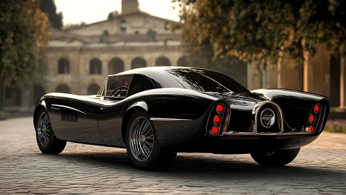 Sleek black retro supercar glows against a grand villa courtyard