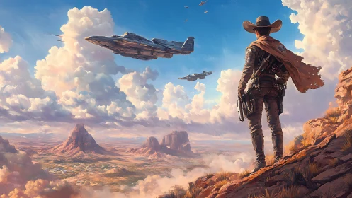 Skytrail Ranger watching starfighter herds over neon desert.