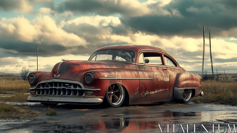 Rusty classic car on wet rural roadside under clouds.