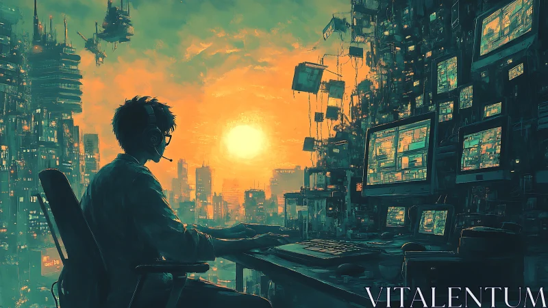 Person with headset monitors multiple screens in dense neon city