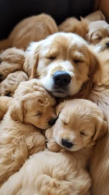 Golden retriever mother cuddles peacefully sleeping puppies