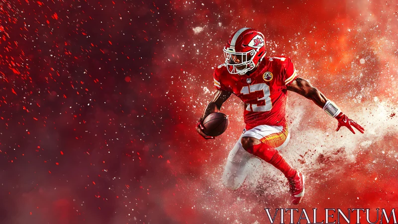 American football player running through red abstract field.