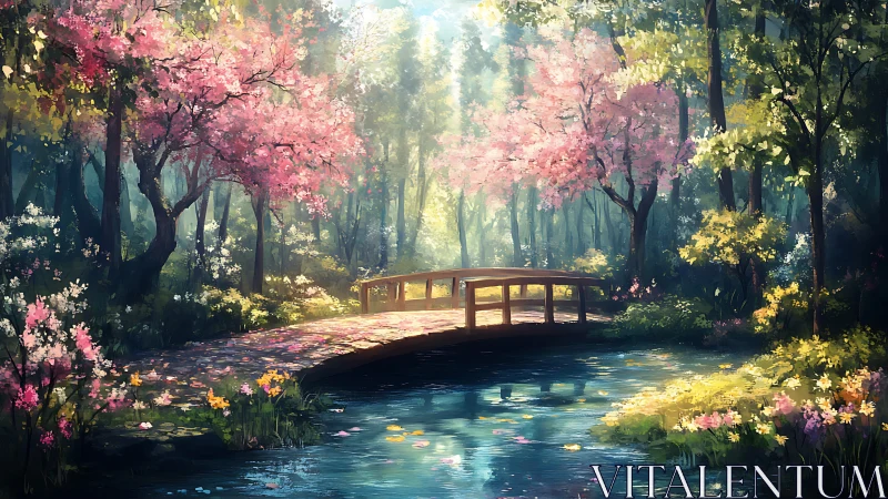 Sunlit wooden bridge spans tranquil stream in floral grove