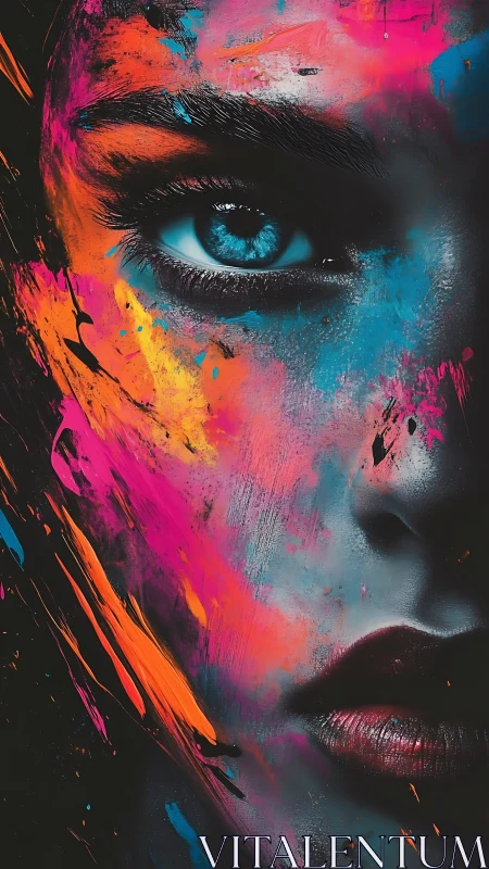Close portrait shows blue eye and neon paint streaks on face