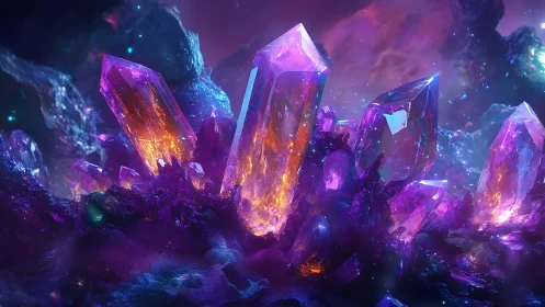 Vivid purple crystal cluster glows in a cosmic cavern