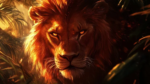 Lion face glows under dramatic jungle backlight at dusk