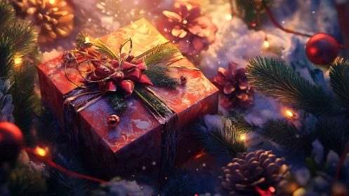 Red Christmas gift box among snow and pine branches.