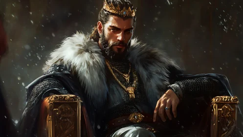 Regal bearded king on gilded throne in fur trimmed cloak
