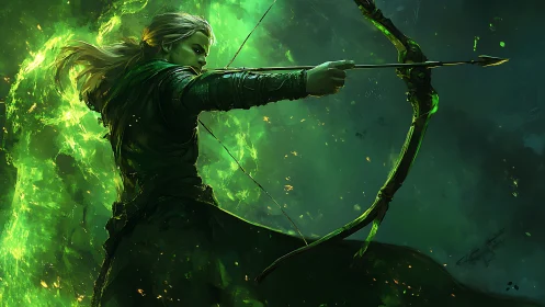 Arcane emerald archer executing high-tension ballistic draw.