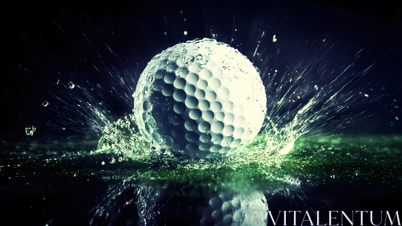Dramatic golf ball splash in water, high-speed photography style.