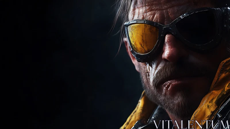 Weathered tactician in reflective goggles under rim lighting.