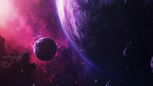 Glowing purple planets drift quietly through a cosmic dawn
