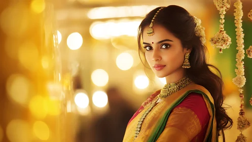 Elegant woman in festive saree glows under warm golden lights