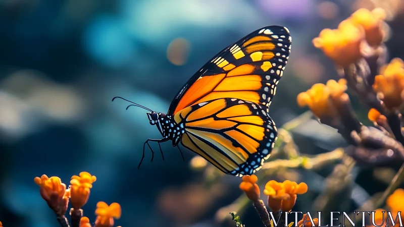 Monarch butterfly rests on orange flower cluster in profile